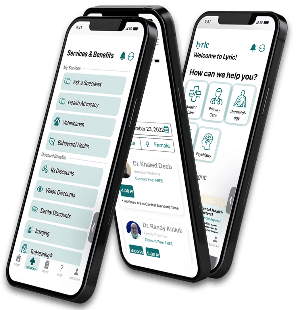 Access A Doctor mobile app on iPhone showing Services, doctor selection, and Welcome screens