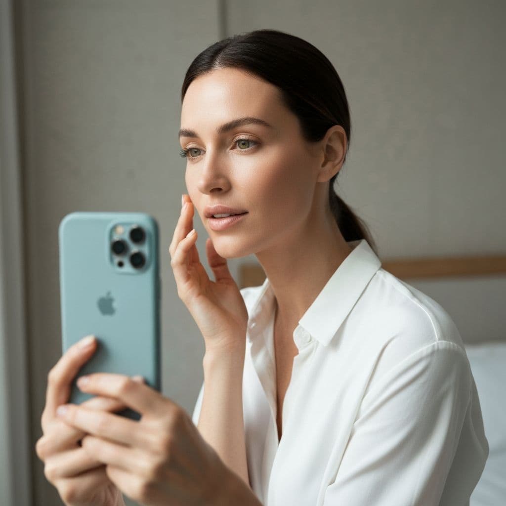 Woman reviewing a dermatology consultation on her phone at home