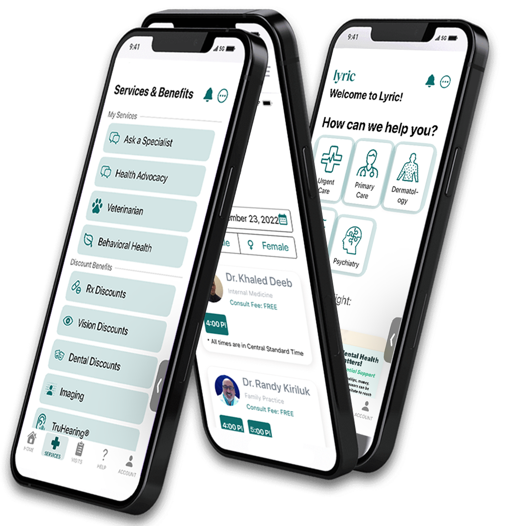 Access A Doctor mobile app on iPhone showing Services, doctor selection, and Welcome screens